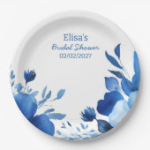 ブルー開花ウォーターカラーカスタムブライダルシャワー ペーパープレート (正面)