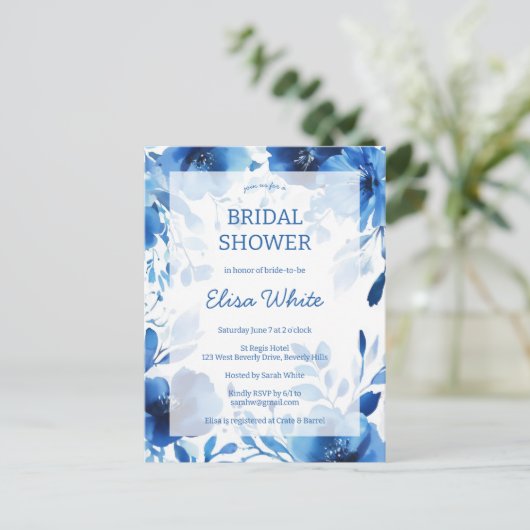 ブルー開花ウォーターカラーブライダルシャワーカスタム ポストカード (スタンド正面)