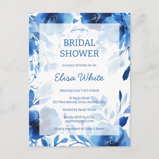 ブルー開花ウォーターカラーブライダルシャワーカスタム ポストカード (正面)