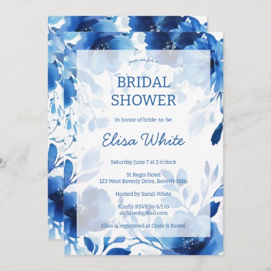 ブルー開花ウォーターカラーブライダルシャワーカスタム 招待状 (正面/裏面)