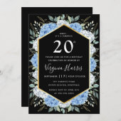 ブルー離れフローラブラック20誕生日 招待状 (正面/裏面)