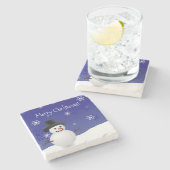ブルー雪だるまウィンターシーンクリスマスストーンコースター ストーンコースター (横)