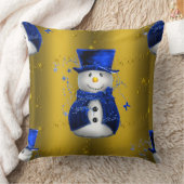 ブルー雪だるまオン金ゴールドクリスマス クッション (ブランケット)