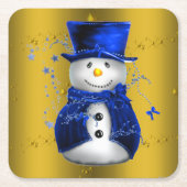 ブルー雪だるまオン金ゴールドクリスマス スクエアペーパーコースター (正面)
