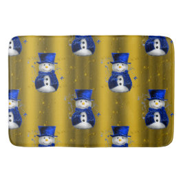 ブルー雪だるまオン金ゴールドクリスマス バスマット