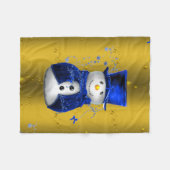 ブルー雪だるまオン金ゴールドクリスマス フリースブランケット (正面(横))