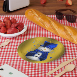 ブルー雪だるまオン金ゴールドクリスマス ペーパープレート