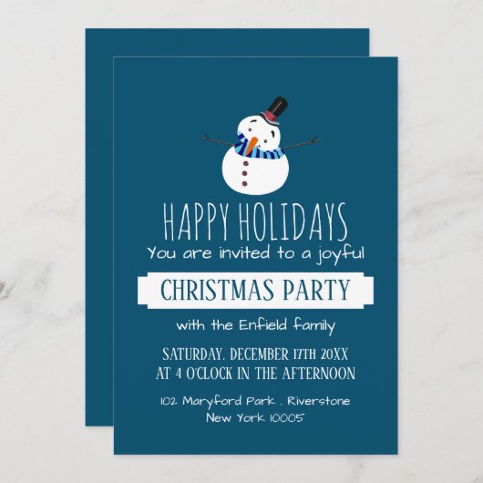 ブルー雪だるまクリスマスパーティの招待状 案内状 (正面/裏面)