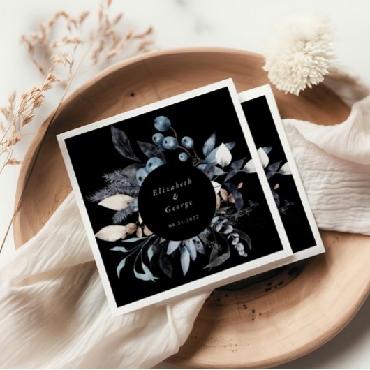 ブルー霜の降りたウィンターフローラモノグラム結婚ズ スタンダードカクテルナプキン