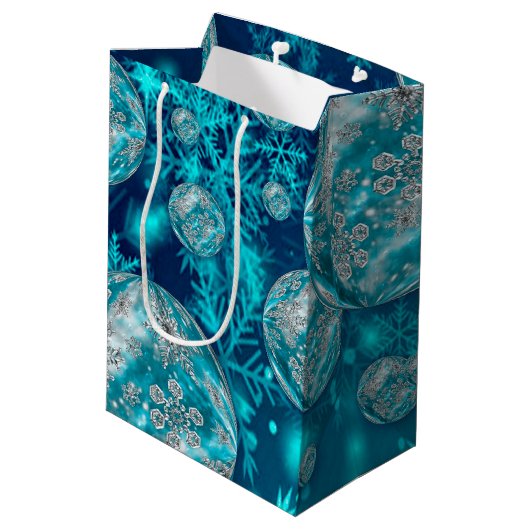 ブルー霜の降りたスノーフレークバブルホリデー ミディアムペーパーバッグ (裏面アングル)