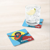 ブルー飛んでいるスーツのスーパーガール スクエアペーパーコースター (インサイチュ)