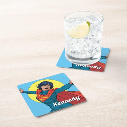 ブルー飛んでいるスーツのスーパーガール スクエアペーパーコースター (インサイチュ)
