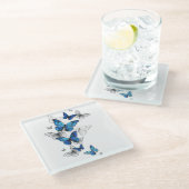 ブルー飛んでいるバターフライズモルホ ガラスコースター (アングル)