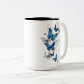 ブルー飛んでいるバターフライズモルホ ツートーンマグカップ (正面右)