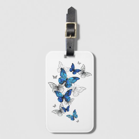 ブルー飛んでいるバターフライズモルホ ラゲッジタグ (正面縦)