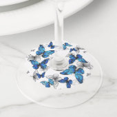 ブルー飛んでいるバターフライズモルホ ワイングラスタグ (クローズアップ)