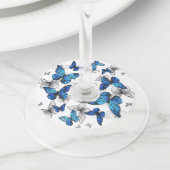 ブルー飛んでいるバターフライズモルホ ワイングラスタグ (クローズアップ)