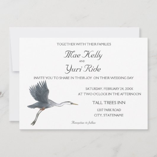 ブルー飛んでいる素晴らしヘロン結婚式招待状 招待状 (正面)