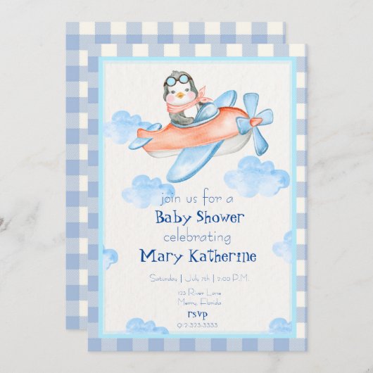 ブルー飛行機男の赤ちゃんシャワー招待状 招待状 (正面/裏面)