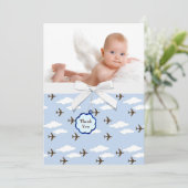 ブルー飛行機男の赤ちゃん写真サンキューカード サンキューカード (スタンド正面)