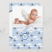 ブルー飛行機男の赤ちゃん写真サンキューカード サンキューカード (正面/裏面)
