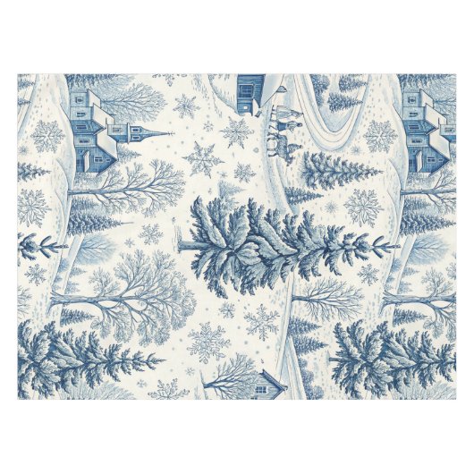 ブルー魅力的ホワイトウィンタークリスマススノーウィービレッジ テーブルクロス (正面(横))