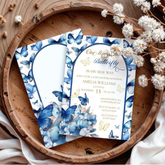ブルー魅力的金ゴールドバタフライガールベビーシャワー 招待状