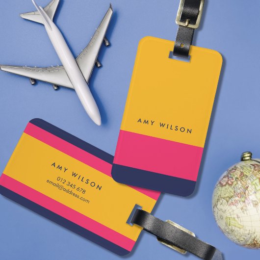 ブルー鮮やかはっきりしたピンクイエローカラーブロックバッグラベル ラゲッジタグ