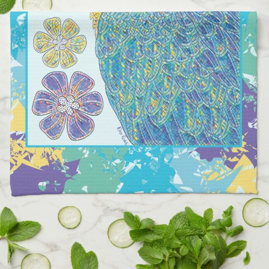ブルー鮮やかイエローマカオフローライラストレーション キッチンタオル (折り畳み)