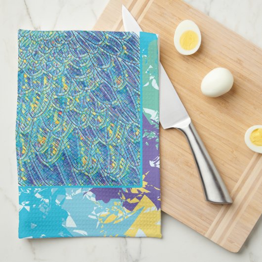 ブルー鮮やかイエローマカオフローライラストレーション キッチンタオル (四つ折り)