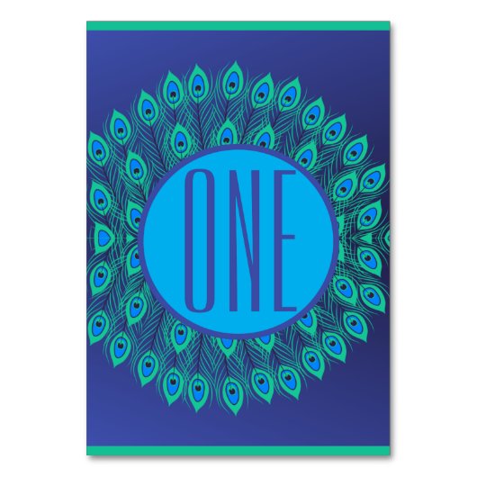 ブルー鮮やか&ティール(緑がかった色)孔雀フェザーパターン テーブルナンバー (正面)