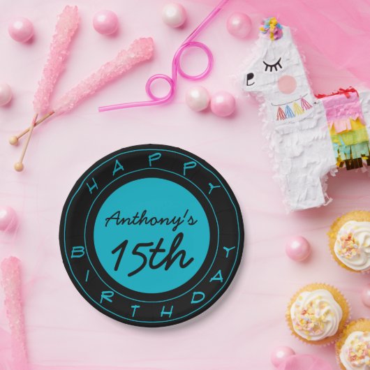 ブルー15thバースデーパーティーパーソナライズされた紙プレート ペーパープレート (パーティー)