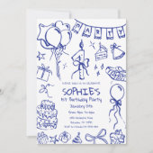 ブルー1st誕生日招待状、手描き誕生日 招待状 (正面)