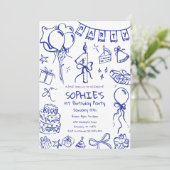 ブルー1st誕生日招待状、手描き誕生日 招待状 (スタンド正面)