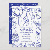 ブルー1st誕生日招待状、手描き誕生日 招待状 (正面/裏面)