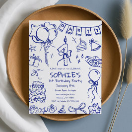 ブルー1st誕生日招待状、手描き誕生日 招待状