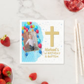 ブルー1th誕生日バプテスマ金ゴールド文字フォトクロス スタンダードカクテルナプキン (インサイチュ)