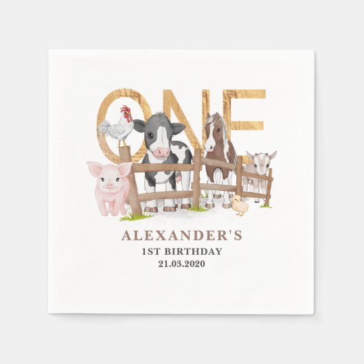 ブルー1th誕生日ファームアニマルズ納屋周囲の庭キッズナプキ スタンダードカクテルナプキン (正面)