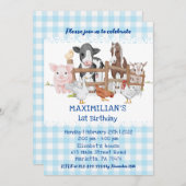 ブルー1th誕生日ファーム動物納屋周囲の庭おもしろいキッズ 招待状 (正面/裏面)