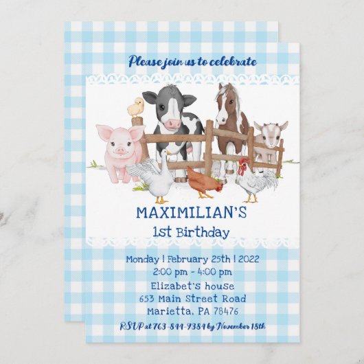 ブルー1th誕生日ファーム動物納屋周囲の庭おもしろいキッズ 招待状 (正面/裏面)