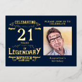 ブルー21歳の誕生日ヴィンテージ金ゴールド 箔招待状 (正面)