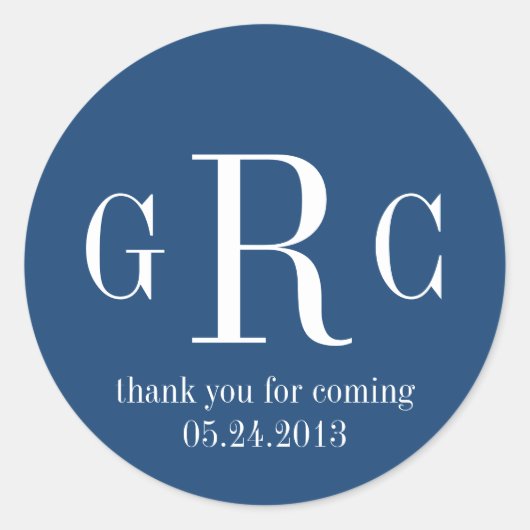 ブルー3イニシャルモノグラムラベルラベル結婚式の引き出物 ラウンドシール (正面)