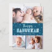 ブルー3フォトハッピーハヌカーモダンおもしろいタイポグラフィ シーズンカード (正面)