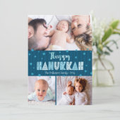 ブルー3フォトハッピーハヌカーモダンおもしろいタイポグラフィ シーズンカード (スタンド正面)