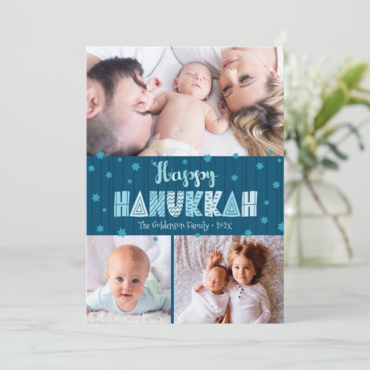 ブルー3フォトハッピーハヌカーモダンおもしろいタイポグラフィ シーズンカード (スタンド正面)