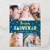 ブルー3フォトハッピーハヌカーモダンおもしろい実在金ゴールド 箔シーズンカード (正面)