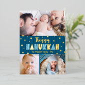 ブルー3フォトハッピーハヌカーモダンおもしろい実在金ゴールド 箔シーズンカード (立ち正面)