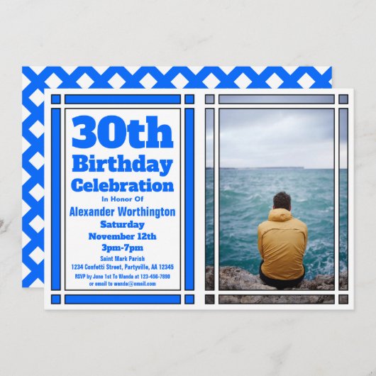 ブルー30th誕生日パーティの招待状 招待状 (正面/裏面)