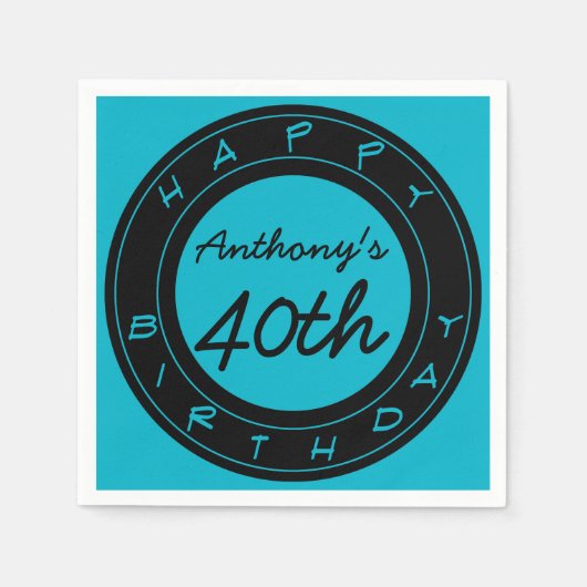 ブルー40th誕生日パーティーパーソナライズされたペーパーナプキン スタンダードカクテルナプキン (正面)