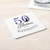 ブルー50と素晴らしい誕生日パーティー名前をカスタムする スクエアペーパーコースター (アングル)
